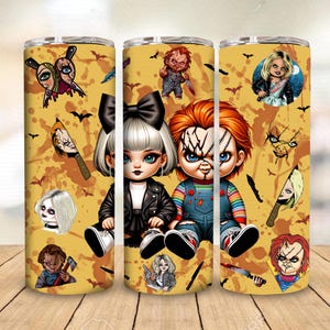 Couple Horror Character Halloween Tumbler Wrap Png, Cartoon Horror 20oz Tumbler, Halloween Horror Skinny Tumbler 20oz Design