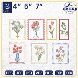 Diseño de bordado de sellos postales, diseño de bordado de flores silvestres, diseño de bordado de sellos florales, flor bohemia, descarga instantánea