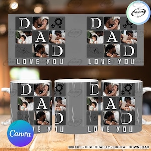 Plantilla Canva para taza con foto de papá, archivo PNG para sublimación, cuadrícula de fotos para taza de papá, plantilla de taza para papá de 325 ml, regalo para papá, envoltura para taza del Día del Padre (PNG)