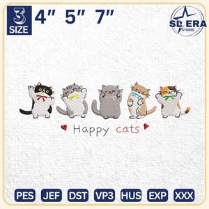 Happy Cat Embroidery Design, Cute Cat Embroidery File, Animal Embroidery Machine File, Instant Download, Includes 3 Sizes