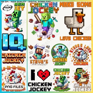 Paquete de personajes de la película Minecraft Chicken Jockey (en formato PNG), camiseta Pixel Gamer Squad (en formato PNG), película de tendencia (en formato PNG), camiseta de personaje de juego, archivo digital
