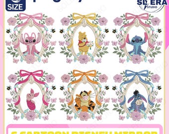 Funny Cartoon Friends Embroidery Design Bundle, Cartoon Embroidery Design, Vintage Coquette Style Embroidery Design, Instant Download