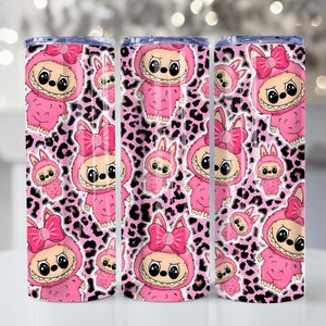 Funny Cartoon Character 20oz Skinny Tumbler Wrap PNG, Trending Leopard Pink Cartoon Character Design, Perfect Gift for Kids