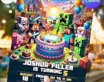 Trending Birthday Party Invitation Canva Template, Birthday Invite, Gamer Birthday Card Template, Canva Gamer Birthday Invitation Png