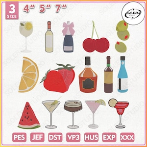 Set Of 15 Mini Cocktail Embroidery Bundle, Mini Drinks Embroidery Design, Mini Embroidery Design 3 Size, Instant Download