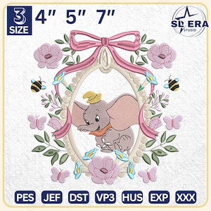 Cartoon Mirror Bow Embroidery File, Magic Kingdom Embroidery Design, Floral Elephant Embroidery Design, Girl Trip Embroidery Design