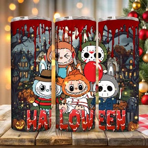 Halloween Cartoon Character 20oz Skinny Tumbler PNG,  Funny Cartoon Character Tumbler Design Png, Monster Doll Halloween Tumbler Wrap Png
