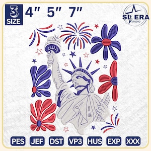 Retro Statue Of Liberty Embroidery Design, 4th Of July Embroidery Design, American Flag Embroidery Design, Instant Download