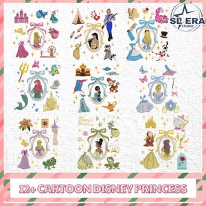 Princess Family Embroidery Bundle, Magic Kingdom Embroidery Design, Vintage Coquette Princess Embroidery Design, Instant Download