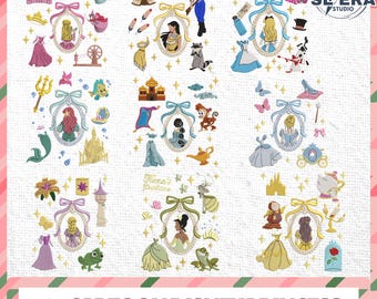 Princess Family Embroidery Bundle, Magic Kingdom Embroidery Design, Vintage Coquette Princess Embroidery Design, Instant Download
