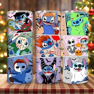 Horrorfilm Cartoon Friends 20 oz magere beker wrap sublimatie ontwerp, magere halloween beker ontwerpen, enge moordenaars Halloween