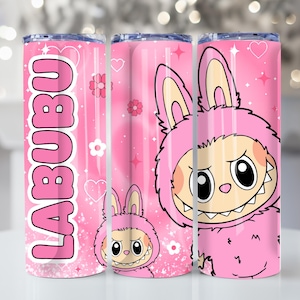 Funny Cartoon Character 20oz Skinny Tumbler Wrap PNG, Trending Pink Cartoon Character Design, Perfect Gift for Kids