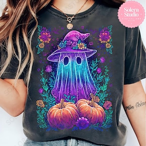 Neon Halloween Ghost PNG: Spooky Floral Retro Design (Digital Download