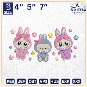 Motif de broderie de film de dessin animé, motif de broderie noeud coquette monstre pelucheux, motif de broderie coquette tendance, téléchargement immédiat