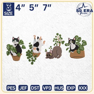かわいい猫の刺繍デザイン、植物の猫の刺繍デザイン、動物の刺繍機ファイル、即時ダウンロード、3つのサイズが含まれています