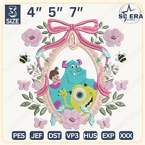 Floral Cartoon Mirror Bow Embroidery Design, Magical Land Embroidery Design, Monster Friends Embroidery Design, Instant Download