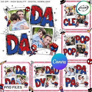 Canva Template Preppy Dada Photo With Kids PNG Bundle, Superhero Father&#39;s Day png, Canva Editable Papa Png, Gift for Dad, Add Your Photo Png