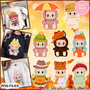 10+ Fall Vibes Labubu PNG Bundle, Cute Spooky Character Stickers, Halloween PNG SVG, Chibi Style, Kawaii Antumn Clipart