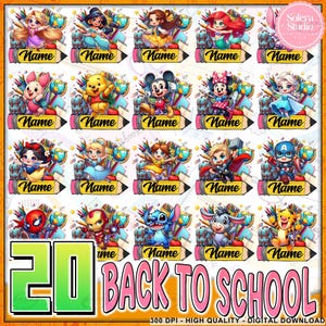 20 Designs Back To School PNG Bundle, Custom Name Png, Custom School Bundle Png, Cute Cartoon Character Png, Happy Back To School Png