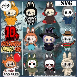 10+ Horror Labubu PNG Bundle, Halloween PNG SVG, Killers Chibi Style, Cute Spooky Character Stickers, Kawaii Creepy Clipart