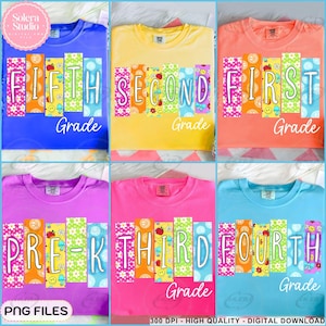 Neon Back to School PNG Bundle, Coquette Floral Kindergarten Pre-K 1st 2nd 3rd 4th Grade Png, Hand Drawn, Girly Pink Bow, Colorful, Smiley