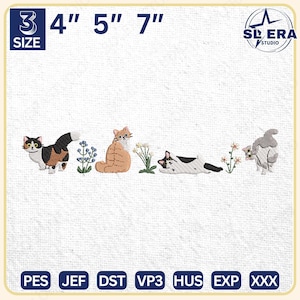 Cute Cat Embroidery Design, Floral Cat Embroidery Design, Animal Embroidery Machine File, Instant Download, Includes 3 Sizes