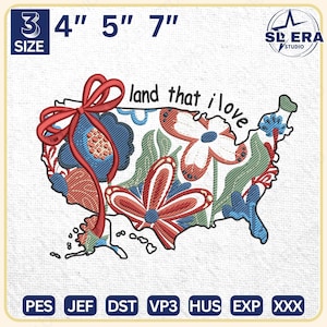 4. Juli Stickerei, Blumen Boho Amerika Karte Stickerei, Land dass ich liebe Stickdatei, sofort Download