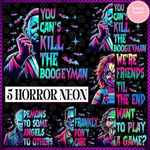 Horror Halloween Neon Png-Bundle, Charaktere Scary Png, Neon Kürbis Halloween Png, Bunte Blumen Gruselige Saison Png, Retro Horrorfilm