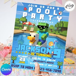 Plantilla CANVA de invitación para fiesta en la piscina, plantilla CANVA para fiesta de cumpleaños en la piscina, cumpleaños en la piscina PNG, invitación para fiesta en la piscina para gamers, archivo de sublimación