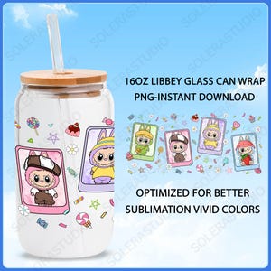 Cartoon 16oz Glass Can Wrap, Cartoon 16 oz Glass Can Png, 16 oz Libbey Glass Can Wrap, 16 oz Tumbler Wrap Png, Sublimation Design