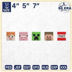Projekt haftu Pixel Gamer, projekt haftu urodzinowego inspirowany grą, haft świni Creeper Steve Alex, natychmiastowe pobieranie
