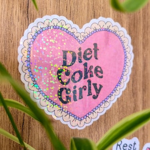 Diet Coke Girly Sticker: Pink Holo Glitter Heart Decal Girlfriend Bestie Gift