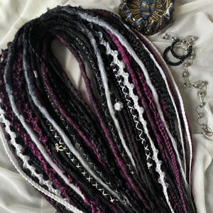 Unique Bohemian Dreadlock Extensions in Black, Purple, and White