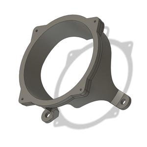 May include: A gray, circular, three-dimensional mounting bracket featuring a wide central opening, four small screw holes positioned around the perimeter, and two protruding tabs with circular holes for attachment purposes.