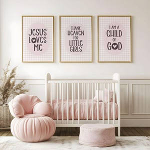 Set of 3 Thank Heaven for Little Girls, Child of God, Jesus Loves Me Nursery Wall Art, Girls Bedroom Décor, Pink Christian Scripture Prints