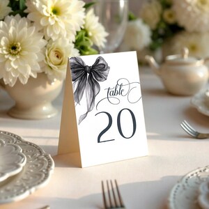 "Elegante Hochzeit Tischnummern, ""Black Ribbon Bow"" Hochzeitsdekor, druckbare Vorlage für Hochzeitsdekor."