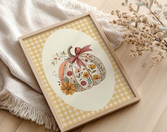 Arte de pared imprimible con diseño de calabaza con cuadros vichy otoñales, decoración para el hogar con calabazas preppy de la cosecha otoñal