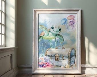 Sea Turtle Ocean Print: Beach House Nursery Decor (Digital Download)