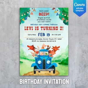 May include: A colorful birthday invitation with a blue truck carrying farm animals. The text reads "LEVI IS TURNING 2!" and includes event details. The design features a watercolor style with a banner and the words "BIRTHDAY INVITATION".