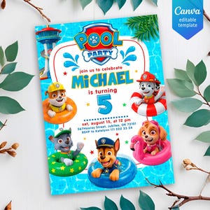 May include: A rectangular Paw Patrol themed pool party invitation featuring the text Pool Party, join us to celebrate Michael is turning 5, sat, august 15, at 12 pm, 567Hooray Street, Jubilee, OK 73101, RSVP to Katelyn 111 222 33 34 with cartoon dogs.