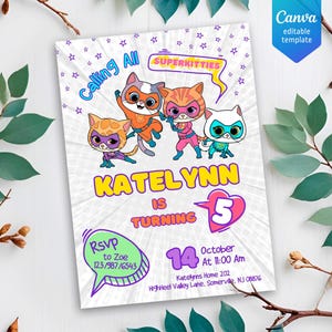SuperKitties invitation, Printable Editable Super Kitty Invite, SuperKitty Birthday Party invite template, Kitten Invitation Cute Invite