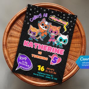SuperKitties invitation, Printable Editable Super Kitty Invite, SuperKitty Birthday Party invite template, Kitten Invitation Cute Invite