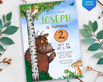 May include: A blue and green birthday invitation featuring a cartoon illustration of a monster from the book 'Where the Wild Things Are'. The invitation is for Joseph's 2nd birthday party. The text on the invitation reads 'Join us to celebrate Joseph is turning 2 Oct 19 at 1 PM Joseph's House 3215 Quiet Valley Lane RSVP to Stella 789.321.0987'.
