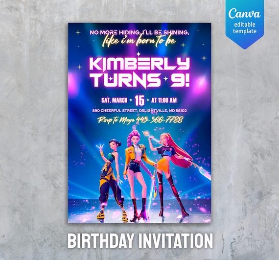 Kpop Demon Hunters Birthday Invitation, Editable K-pop Party
