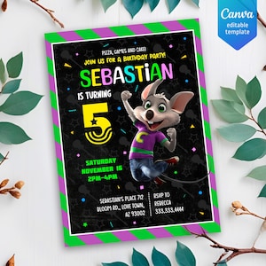 Invitación editable de Chuck-E-Cheese, invitación de cumpleaños imprimible, invitación de ratón, descarga instantánea, plantilla de invitación de cumpleaños