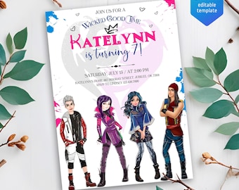 May include: Invitation to a 7th birthday party with a "Wicked Good Time" theme. The invitation features a purple heart with the name "Katelynn" and the text "is turning 7!" The invitation also features characters from the Disney movie Descendants.