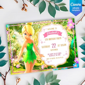 Invitación de cumpleaños de hadas Campanilla para imprimir, invitación de Campanilla, invitación editable, invitación con bolígrafo Peter, plantilla de invitación para niña