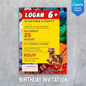 May include: A birthday invitation card featuring a red and yellow background with a border of colorful plastic building blocks. The text reads Logan 6+ is having a party, Saturday 25 August, 10:30AM-12:00PM, 234 Laughter Lane, and a brown dinosaur figure.
