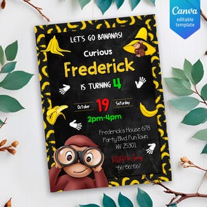 Curious George birthday invitation, Printable monkey invite, ape invite, Curious George party, boy 1st 2nd 3rd birthday, editable template