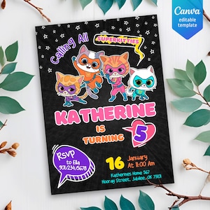 SuperKitties invitation, Printable Editable Super Kitty Invite, SuperKitty Birthday Party invite template, Kitten Invitation Cute Invite